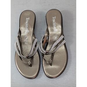 Toscanella Bronze Rhinestone Low Wedge Thong Sandals Made in Italy Women's 8.5